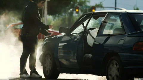 Woman after a car accident Stock Footage