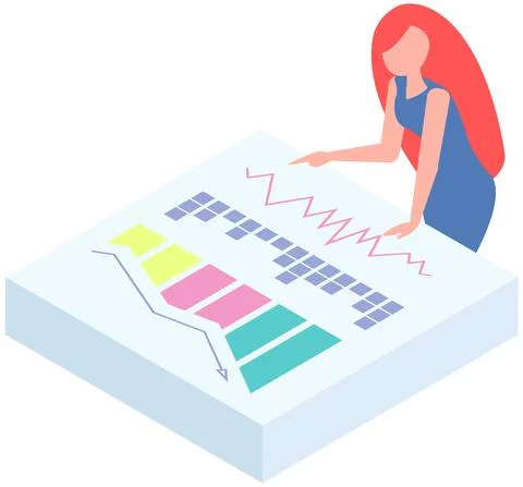 Woman analyses digital report with statistics. Statistical indicators and data Illustrazione stock
