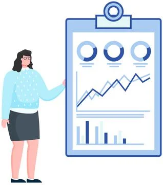 Woman analyses digital report with statistics. Statistical indicators and data 스톡 일러스트
