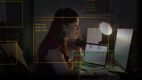 Woman analyst on data update, leaning to monitor, showing node status, tech HUD Video stock 334115485