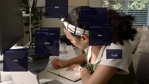 Woman analyst scanning docs and checking charts for reporting, causing HUD Stock Footage 334883591