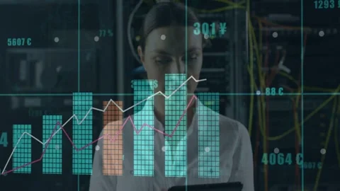 Woman analyst tapping tablet at servers, starting data overlays forming bar Stock Footage 332844229