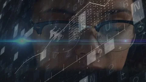 Woman analyst tracking incoming tech data feed, processing sliding grid and Stock Footage 334693990