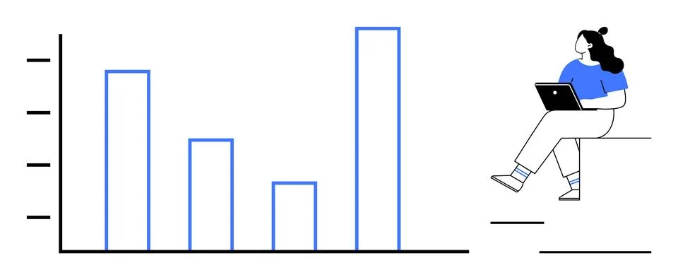 Woman Analyzing Bar Graph Data on Laptop with Blue Accent Elements Stock Illustration