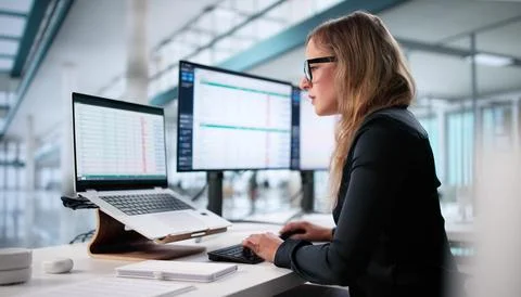 Woman Analyzing Billing Codes On Spreadsheet, Auditor Monitoring Financial Da Stock Photos