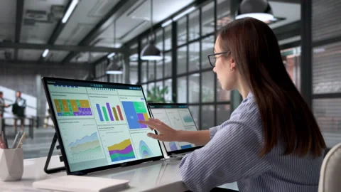 Woman Analyzing Business Data On Computer Using Dashboard Stock Footage 333399998