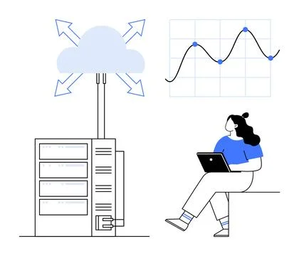 Woman Analyzing Cloud Data on Laptop Beside Server Rack and Graphical Chart Illustrazione stock
