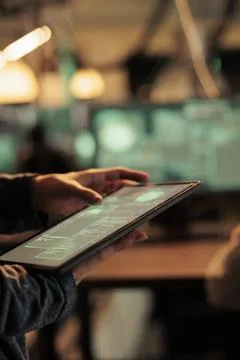 Woman analyzing computer network to hack system on tablet Stock Photos