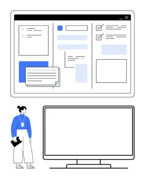 Woman analyzing data on computer screen with checklist and notepad Stock Illustration