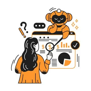 Woman Analyzing Data with Cute Robot Helper Stock Illustration