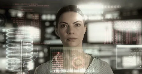 Woman analyzing data in a high tech workplace. Stock Footage 76177256