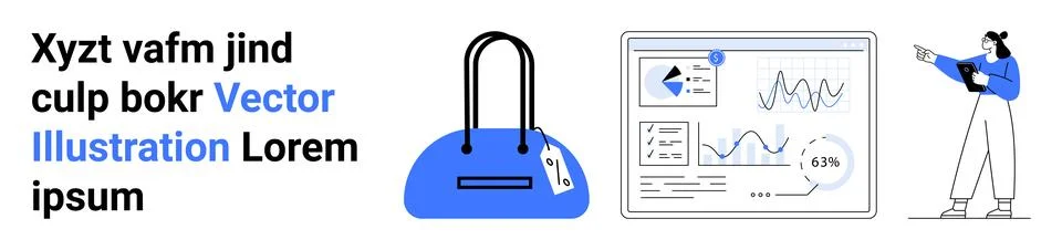 Woman Analyzing Data on a Screen with Graphs and Charts Next to a Blue Handba 스톡 일러스트