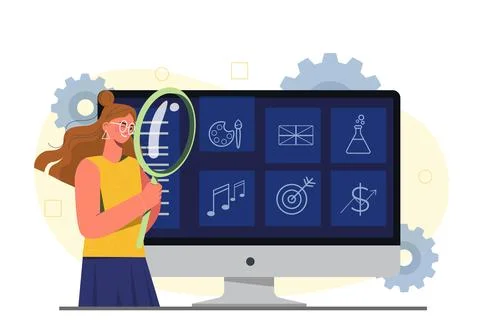 Woman analyzing data on screen.. Vector illustration 스톡 일러스트