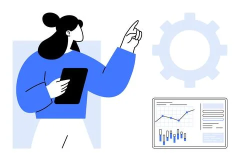Woman Analyzing Data with Tablet and Display Screen Illustrating Chart and .. Illustrazione stock