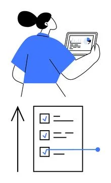 Woman Analyzing Data on Tablet with Arrow and Checklist Indicating Task Pro.. Stock Illustration