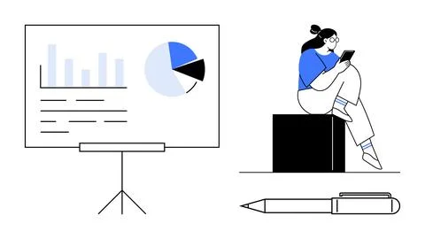 Woman Analyzing Data on Tablet with Bar and Pie Chart Presentation Board Stock Illustration