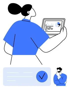 Woman Analyzing Data on Tablet with Man Pondering in Background, Blue Theme Illustrazione stock