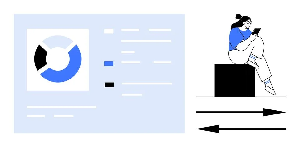 Woman Analyzing Data on Tablet Next to Pie Chart and Arrows Indicating Moveme Illustrazione stock