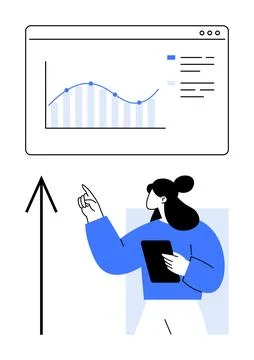 Woman Analyzing Data on Tablet with Upward Arrow and Graph in Background In.. Stock Illustration