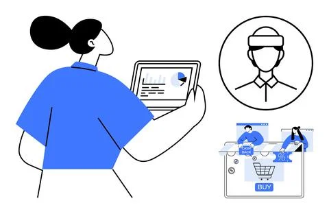 Woman analyzing data on tablet, VR user profile, e-commerce interface with ca Stock Illustration