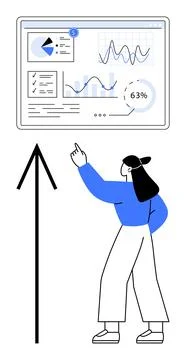 Woman Analyzing Data on Wall-Mounted Screen with Upward Arrow Indicating イラスト素材