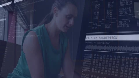 Woman analyzing encryption code in modern tech office, showing floating digital Stock Footage 307945508