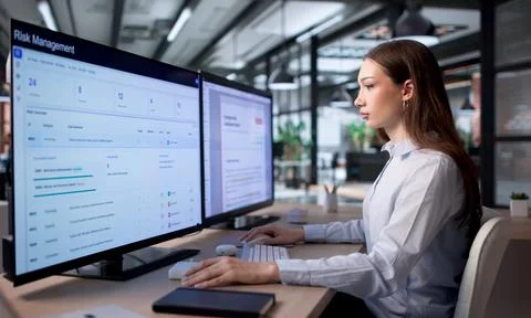 Woman Analyzing Enterprise Data On Computer For Strategic Risk Management. Stock Photos