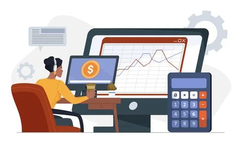 Woman analyzing financial data on computer screen. Stock Illustration