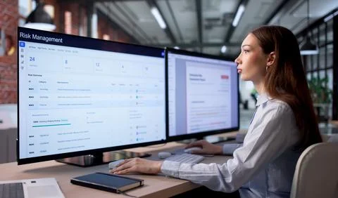 Woman Analyzing Financial Data On Computer For Strategic Risk Planning. Stock Photos