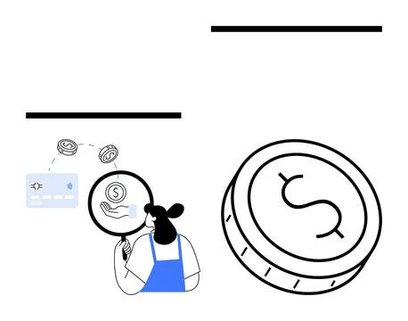 Woman analyzing financial data with a magnifying glass, showing icons of a do Stock Illustration