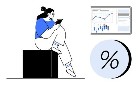 Woman Analyzing Financial Data on Tablet with Graph and Percentage Symbols Stock Illustration