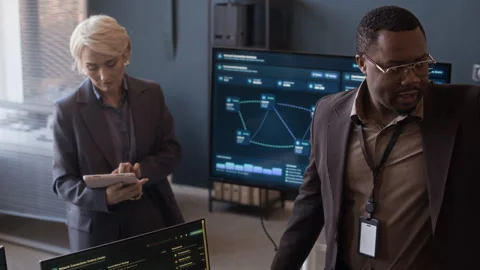 Woman Analyzing Network Data with Black Colleague in Cybersecurity Office Stock Footage 334933683