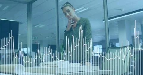 Woman analyzing paper stack in business office, leaning while waveform rising Stock Footage 331026603