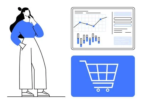 Woman Analyzing Sales Data on Screen with Shopping Cart Symbol for E-commer.. Stock Illustration