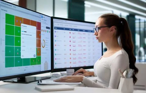Woman Analyzing Vendor Data On Computer To Ensure Risk Compliance Standards. Stock Photos
