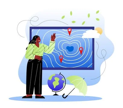 Woman analyzing weather map. Vector illustration イラスト素材