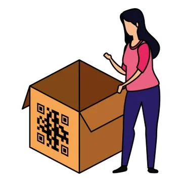Woman and box with qr code isolated icon 스톡 일러스트