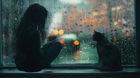 A woman and a cat sitting on the window sill watching the rain. Stock Footage 288989953