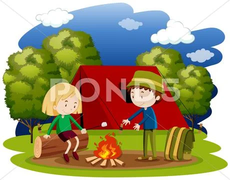 Woman and man camping at night Stock Illustration