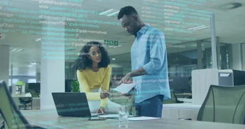 Woman and man collaborating in tech office, displaying animated code overlay on Stock Footage 308656452