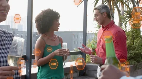 Woman and man gesturing, networking roof with wine glass and beer bottle orange Stock Footage 333033545