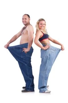 Woman and man loosing weight isolated on white Stock Photos
