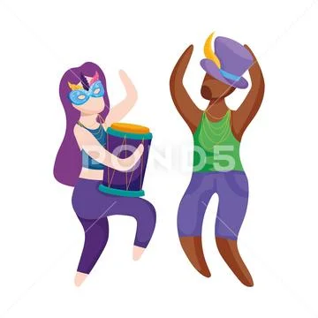 Woman and man with mardi gras hat mask and drum vector design ~ Clip ...