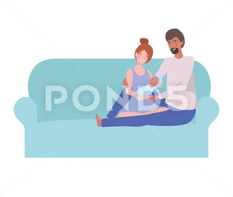Woman and man with newborn baby sitting on sofa Stock Illustration