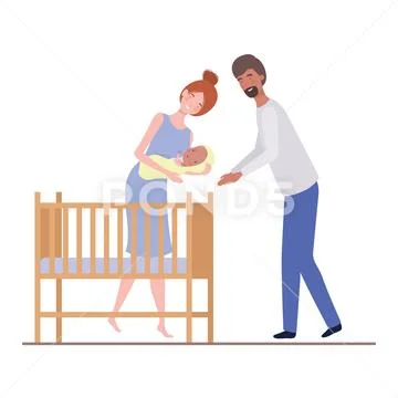 Woman and man with newborn baby in the crib Stock Illustration