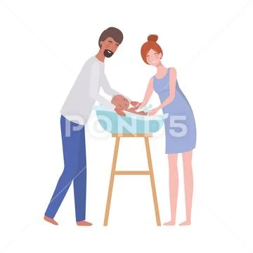 Woman and man with newborn baby in the bathtub Stock Illustration