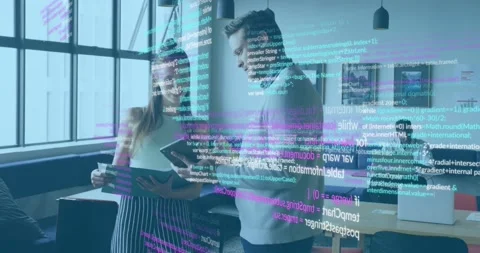 Woman and man tapping tablet, pointing folder with neon code overlay scrolling Stock Footage 329972437