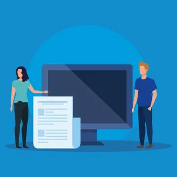Woman and man teamwork with computer and document Stock Illustration