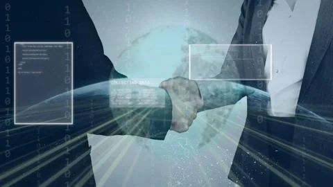 Woman and man tech execs shaking hands, sparking HUD analysing data, sealing Stock Footage 334810937