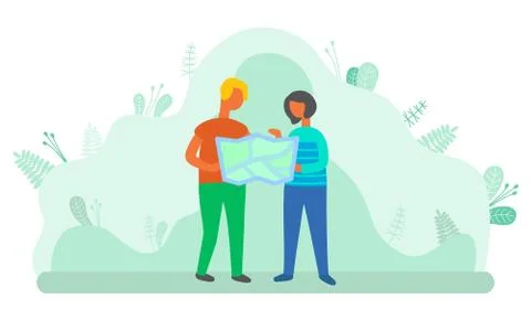 Woman and Man Using Map to Find Location Get Lost Stock Illustration